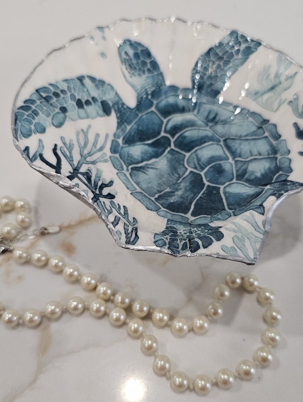 Handmade Sea Turtle Decoupage Jumbo Scallop Shell Trinket Dish w/ Silver Stand